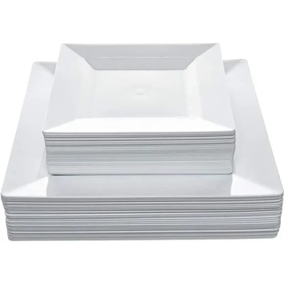 White Square Disposable Plates - Heavy Duty Plastic Party Plates for Christmas